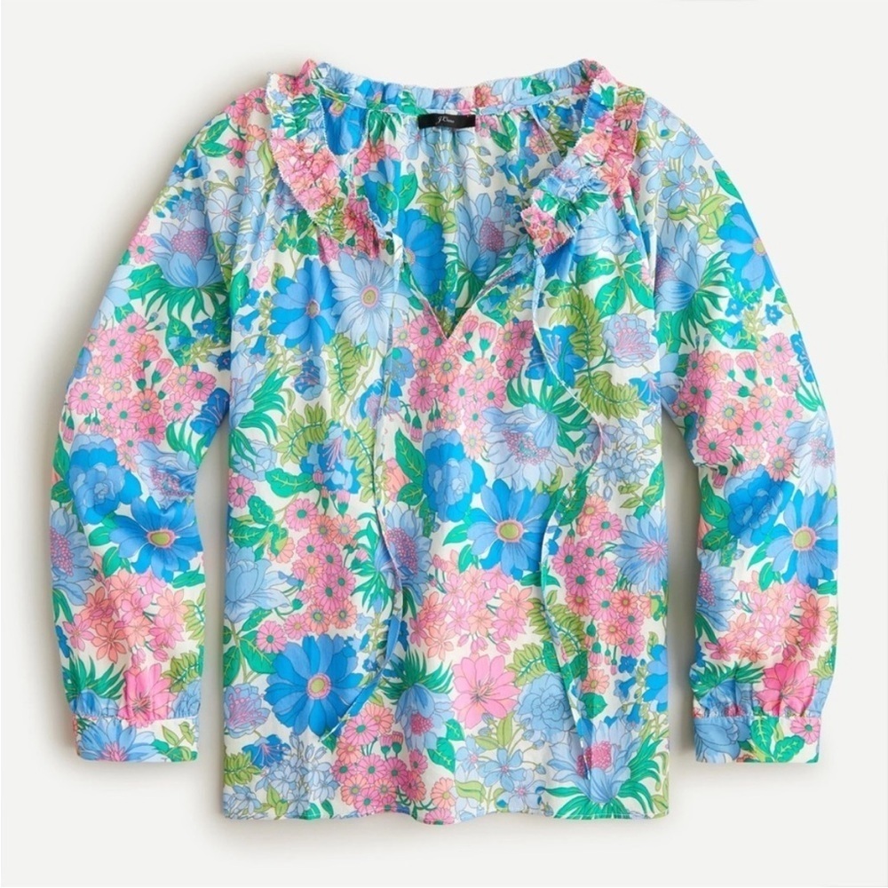 J. Crew Organic Cotton Tie Front Ruffle Top in Fairy Floral A2851 Small